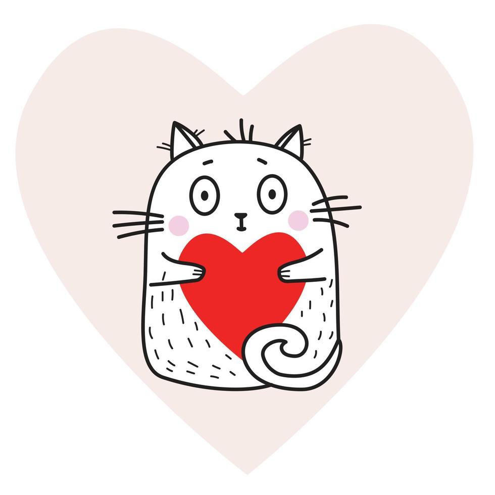 simpatico gatto bianco divertente con un cuore rosso tra le zampe su uno sfondo di cuore rosa. illustrazione vettoriale. simpatico animale per design, decorazione, biglietti di San Valentino vettore