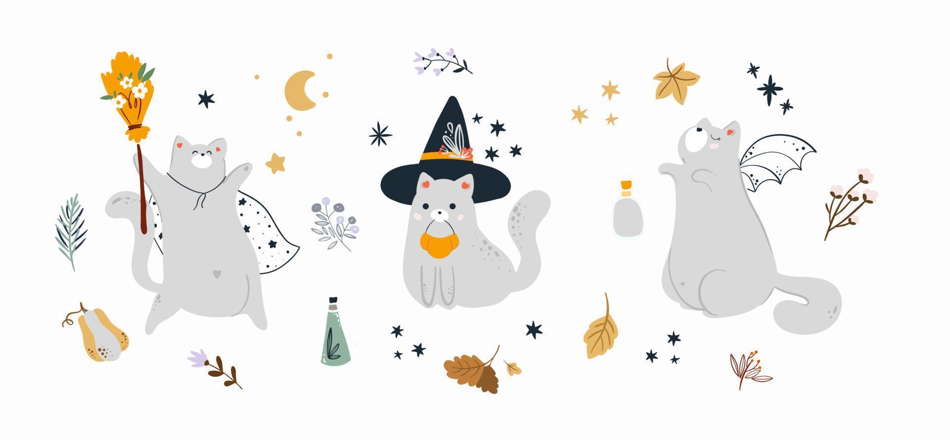 vettore contento Halloween telaio sfondo con carino gatti e zucche. pastello colori design.