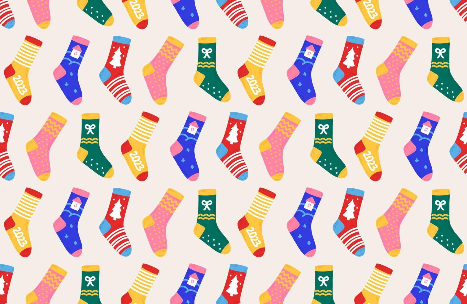 Natale nuovo anno modello con calzini nel mano disegnato. senza soluzione di continuità per tessili, confezione, sfondi, cartoline. vettore