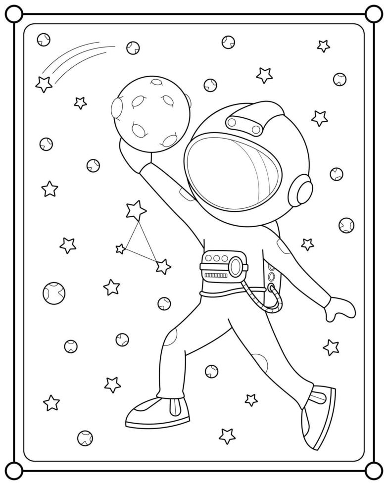 carino astronauta giocando Luna palla nel spazio adatto per figli di colorazione pagina vettore illustrazione
