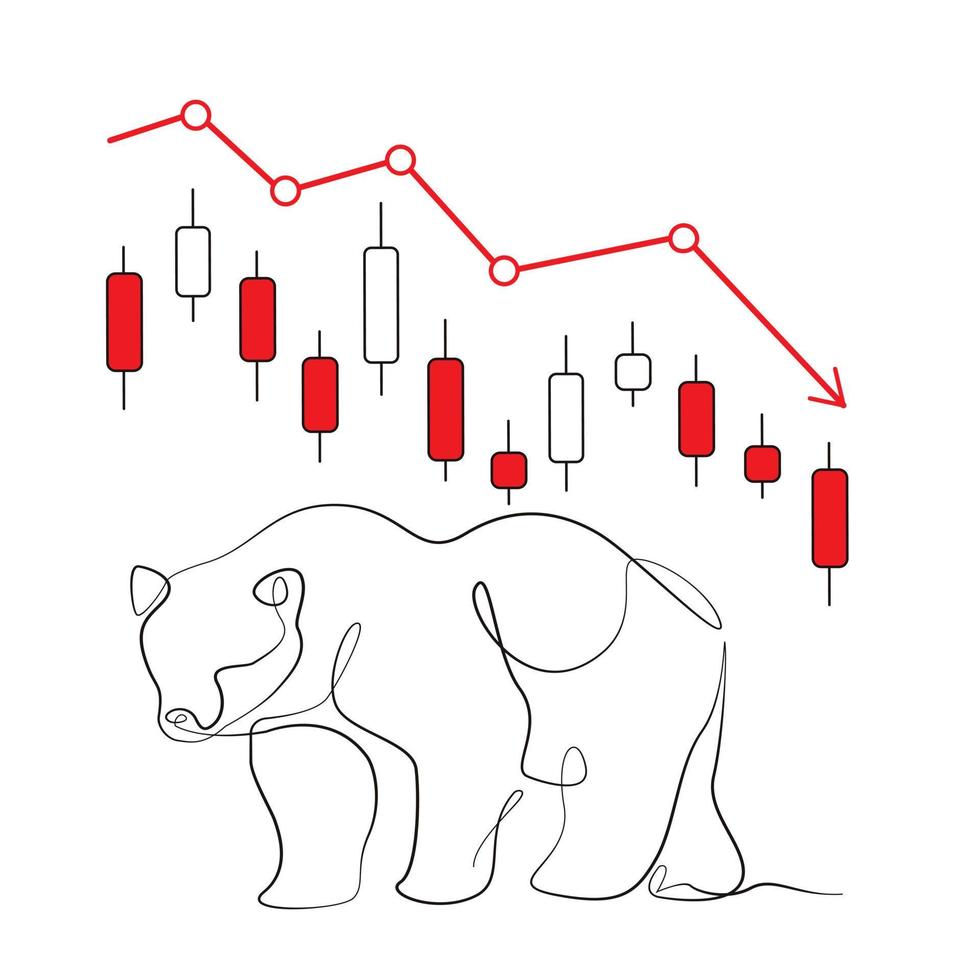 giù freccia su il criptovaluta mercato. orso silhouette continuo uno linea arte. crypto tendenza al ribasso. giapponese candele e orso simbolo. vettore isolato su bianca