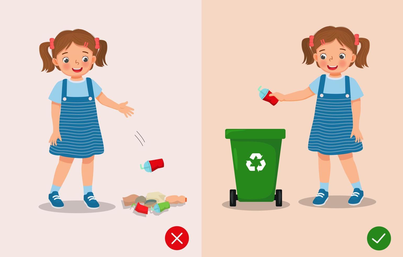 fare non littering illustrazione ragazza giusto e sbagliato comportamento lancio spazzatura nel sciocchezze bidone e su il terra vettore