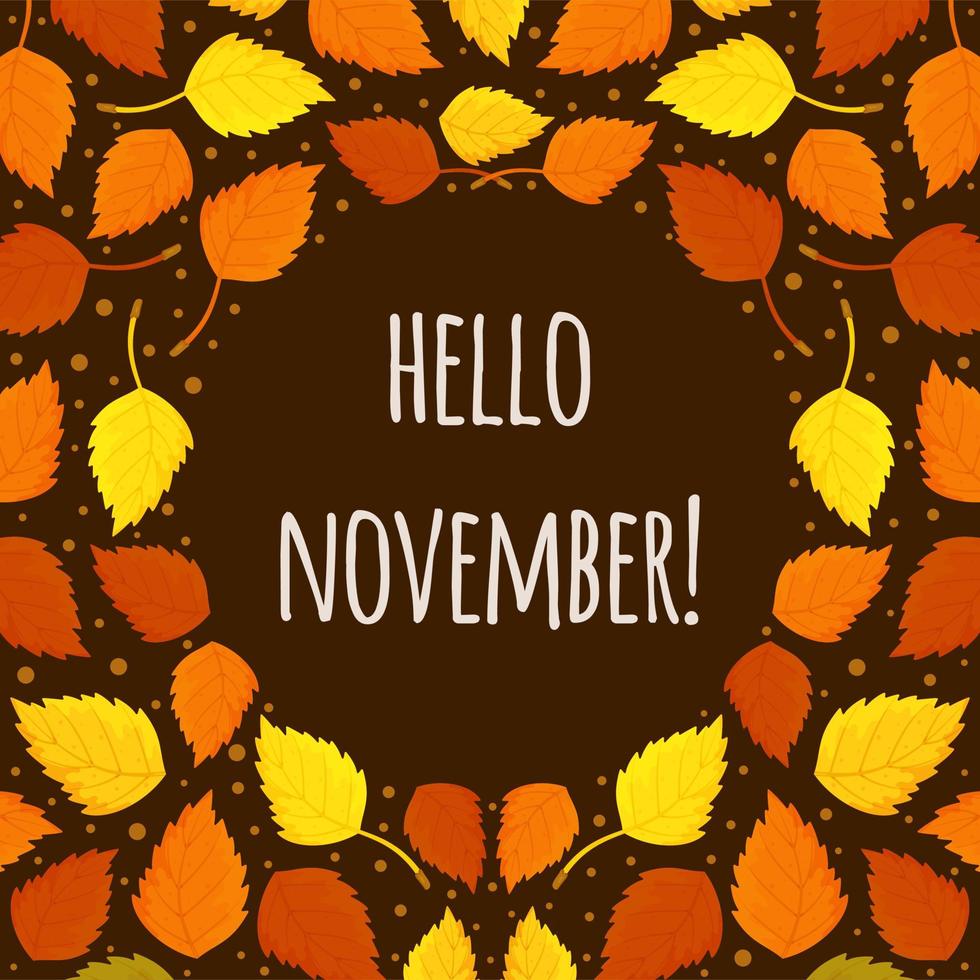 vettore illustrazione con un' ghirlanda di le foglie e iscrizioni.ciao, novembre, cartolina.