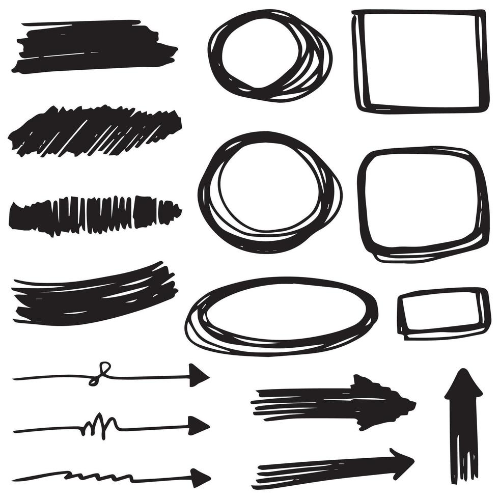 set di pennellate vettoriali, varie forme. linee, onde, strisce, rettangoli, sfondo del testo con bordi irregolari. raccolta disegnata a mano di diversi elementi grafici. vettore