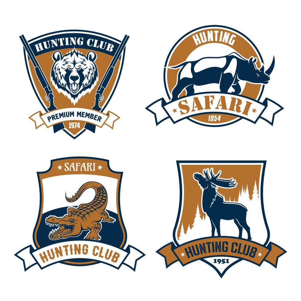 a caccia club vettore icone, safari caccia emblemi