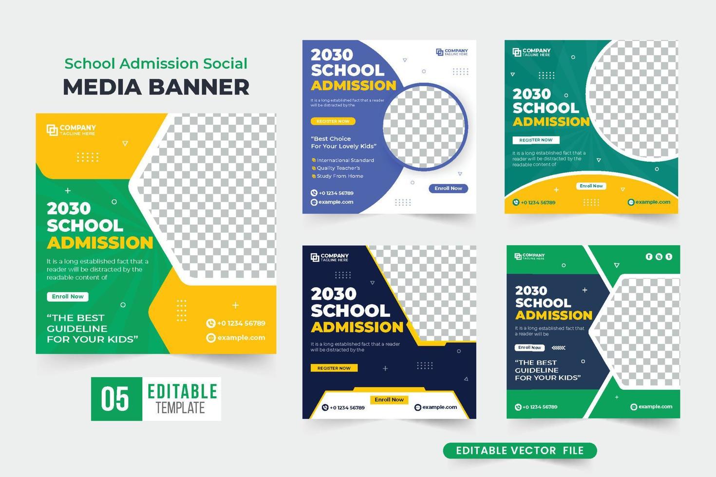 scuola ammissione sociale media modello fascio con verde e buio colori. Università formazione scolastica e accademico manifesto design collezione con astratto forme. di nuovo a scuola registrazione modello impostato vettore. vettore