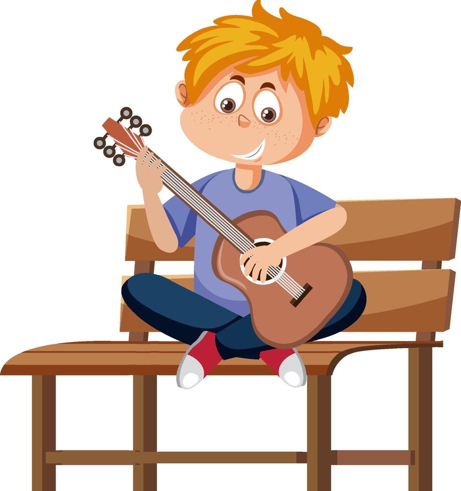 contento ragazzo giocando chitarra cartone animato personaggio vettore