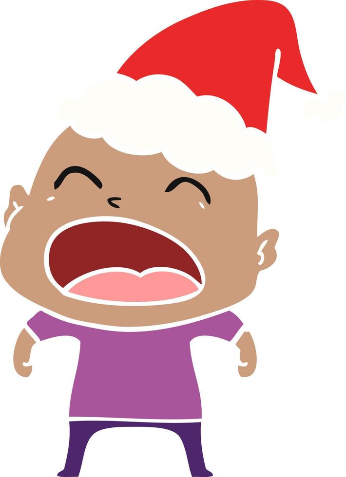 illustrazione a colori piatta di un uomo calvo urlante che indossa un cappello da Babbo Natale vettore