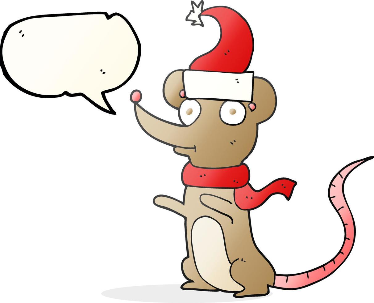 a mano libera disegnato discorso bolla cartone animato topo indossare Natale cappello vettore