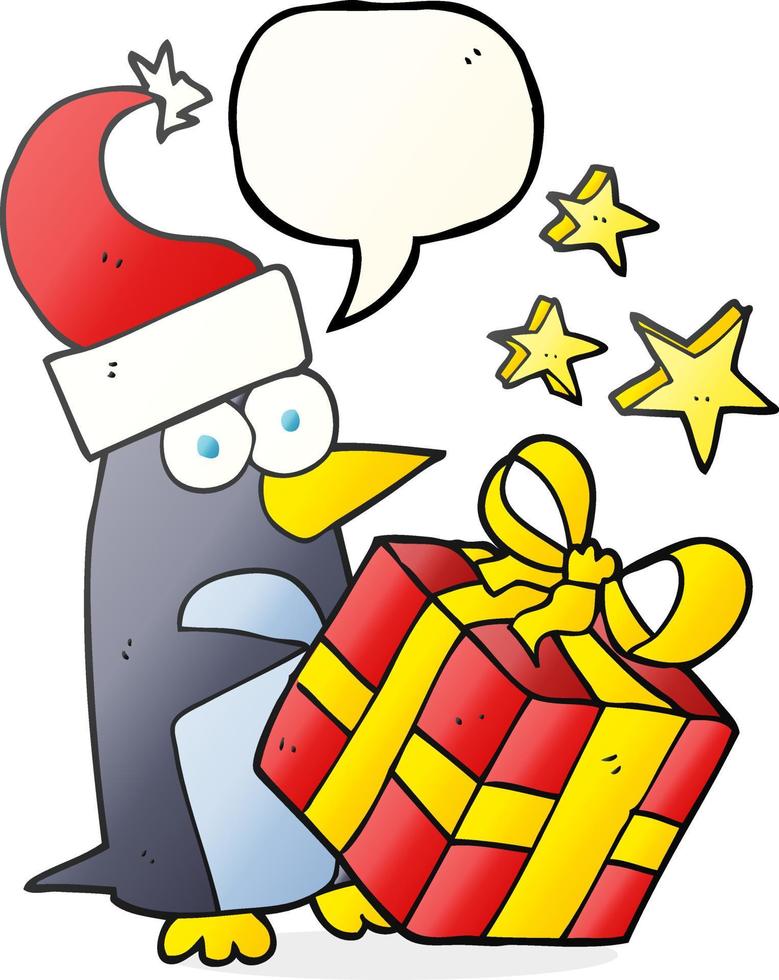 a mano libera disegnato discorso bolla cartone animato Natale pinguino con presente vettore