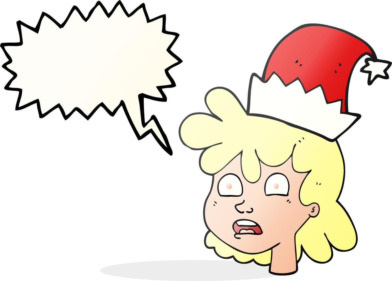 a mano libera disegnato discorso bolla cartone animato stressato donna indossare Santa cappello vettore