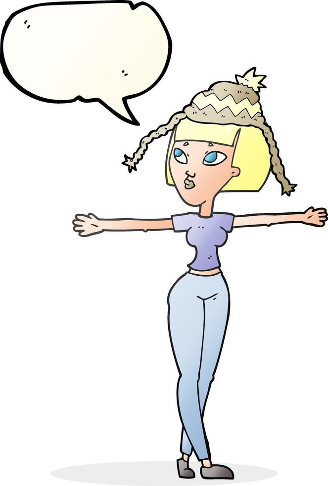 a mano libera disegnato discorso bolla cartone animato donna indossare cappello vettore