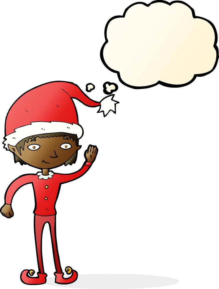 cartone animato agitando Natale elfo con pensato bolla vettore