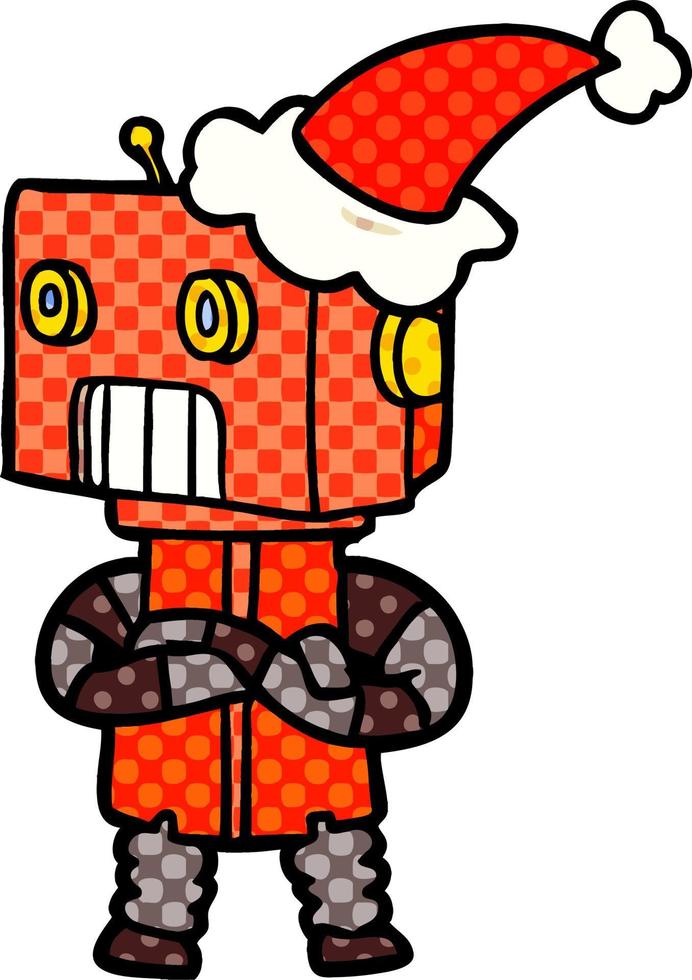 illustrazione in stile fumetto di un robot che indossa il cappello di Babbo Natale vettore