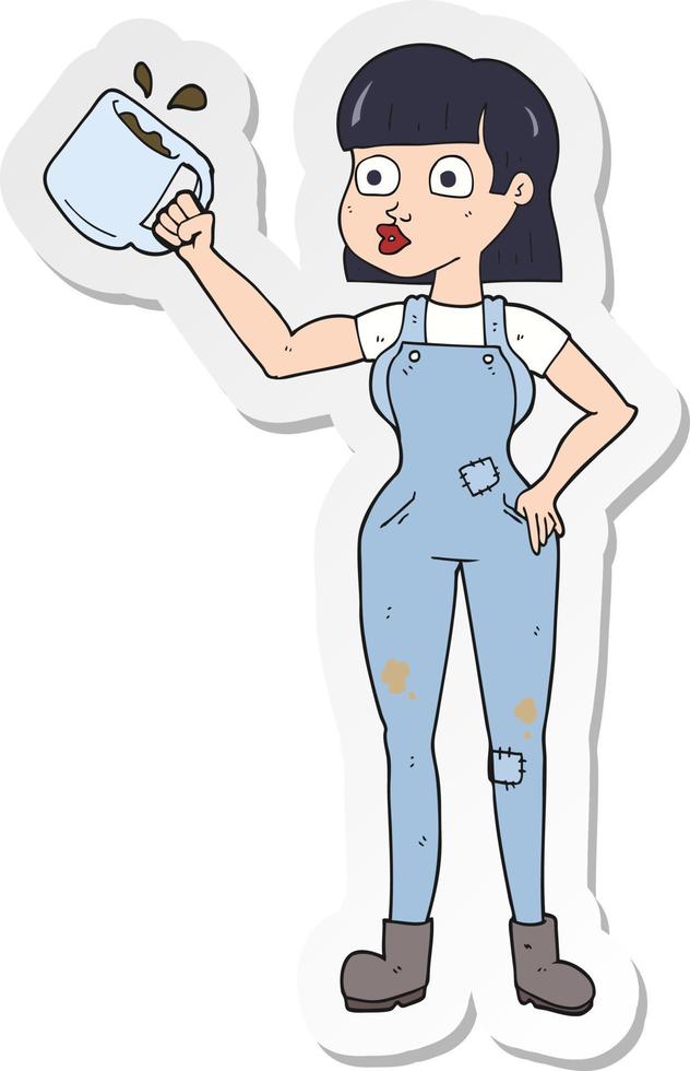 etichetta di un' cartone animato femmina lavoratore con caffè boccale vettore