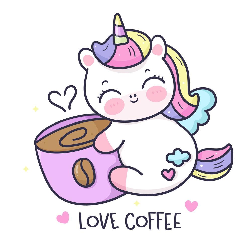 carino unicorno abbraccio caffè tazza kawaii cartone animato vettore