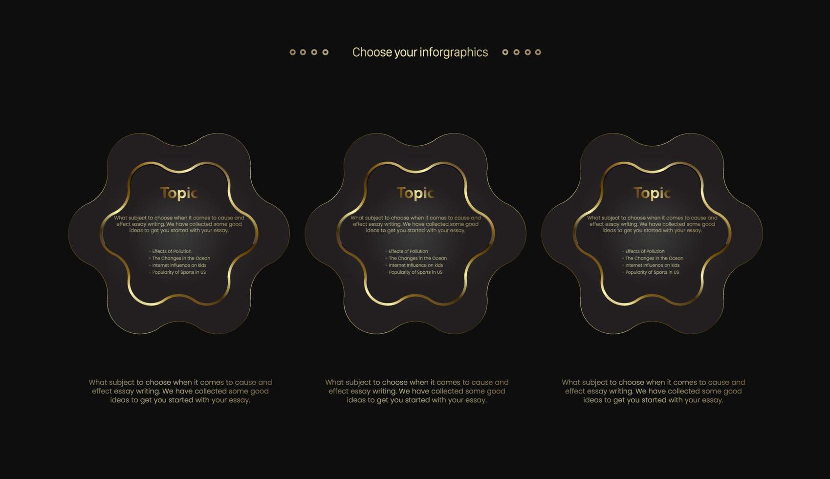 impostato lusso Infografica livello design su buio sfondo, tre fiore forme pulsanti e d'oro stile per attività commerciale e formazione scolastica oggetto design vettore