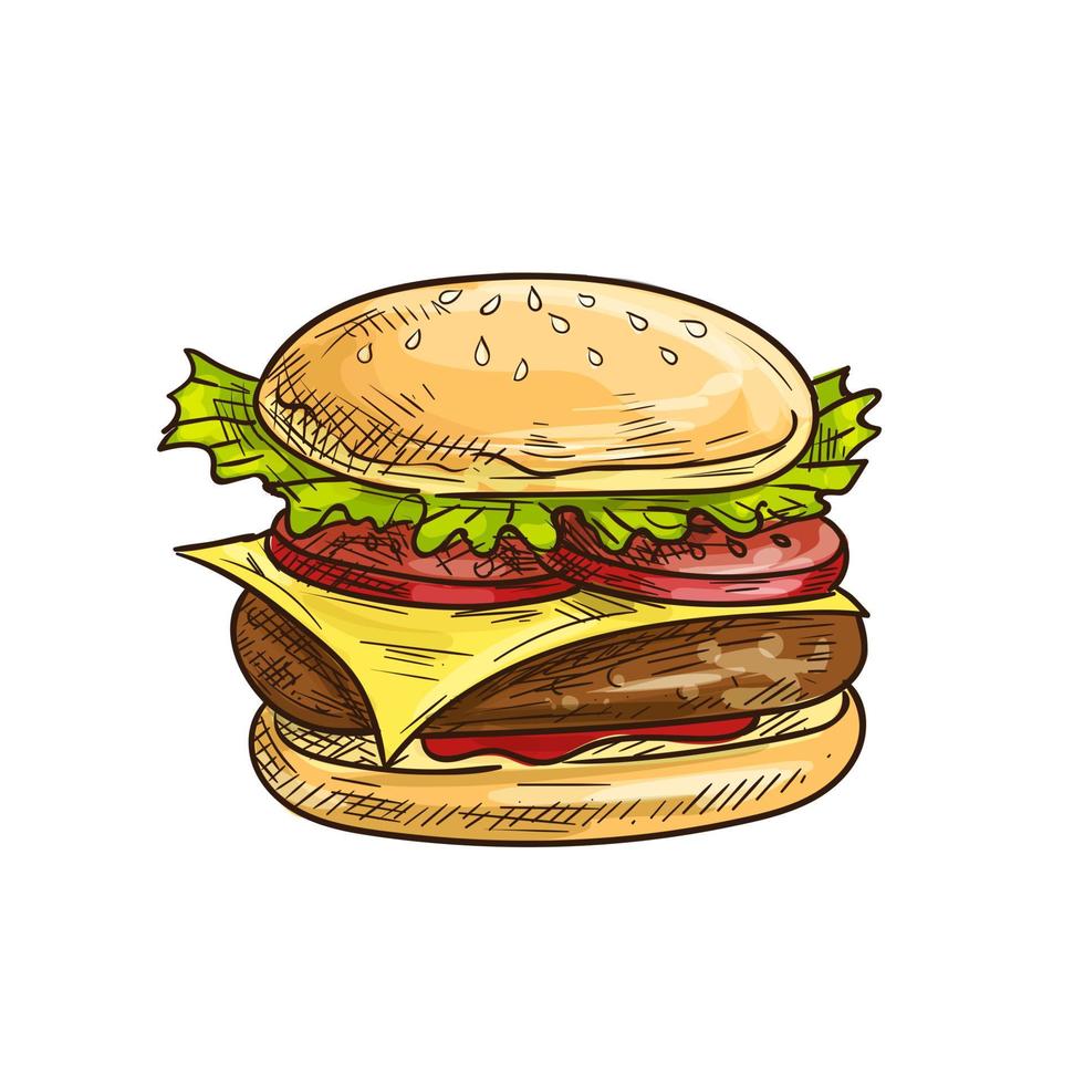 hamburger al formaggio veloce cibo schizzo icona vettore
