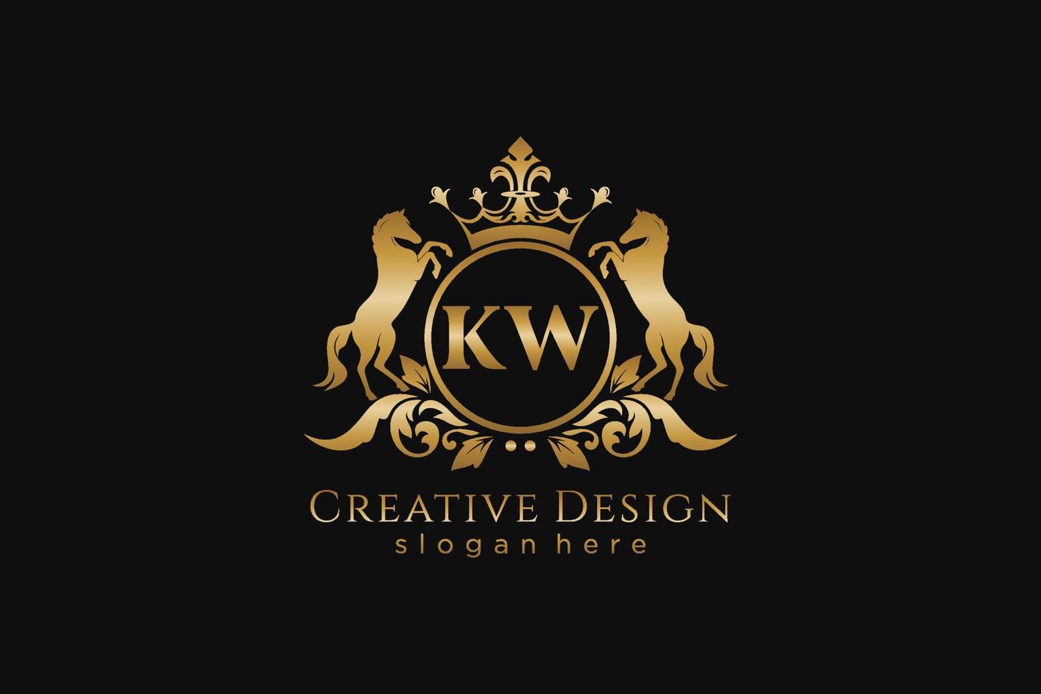 iniziale kw retrò d'oro cresta con cerchio e Due cavalli, distintivo modello con pergamene e reale corona - Perfetto per lussuoso il branding progetti vettore