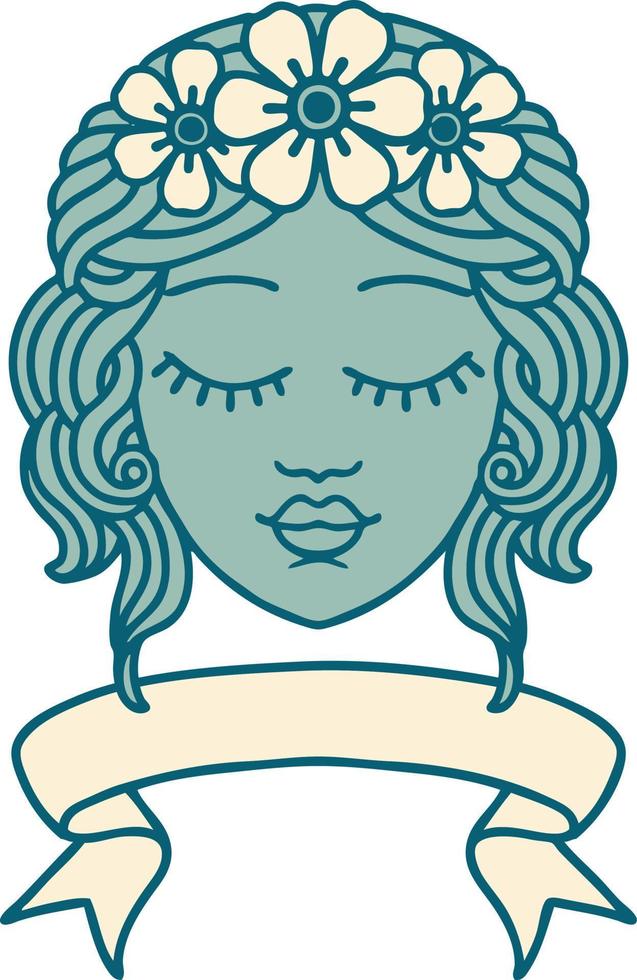 tradizionale tatuaggio con bandiera di femmina viso con occhi chiuso vettore