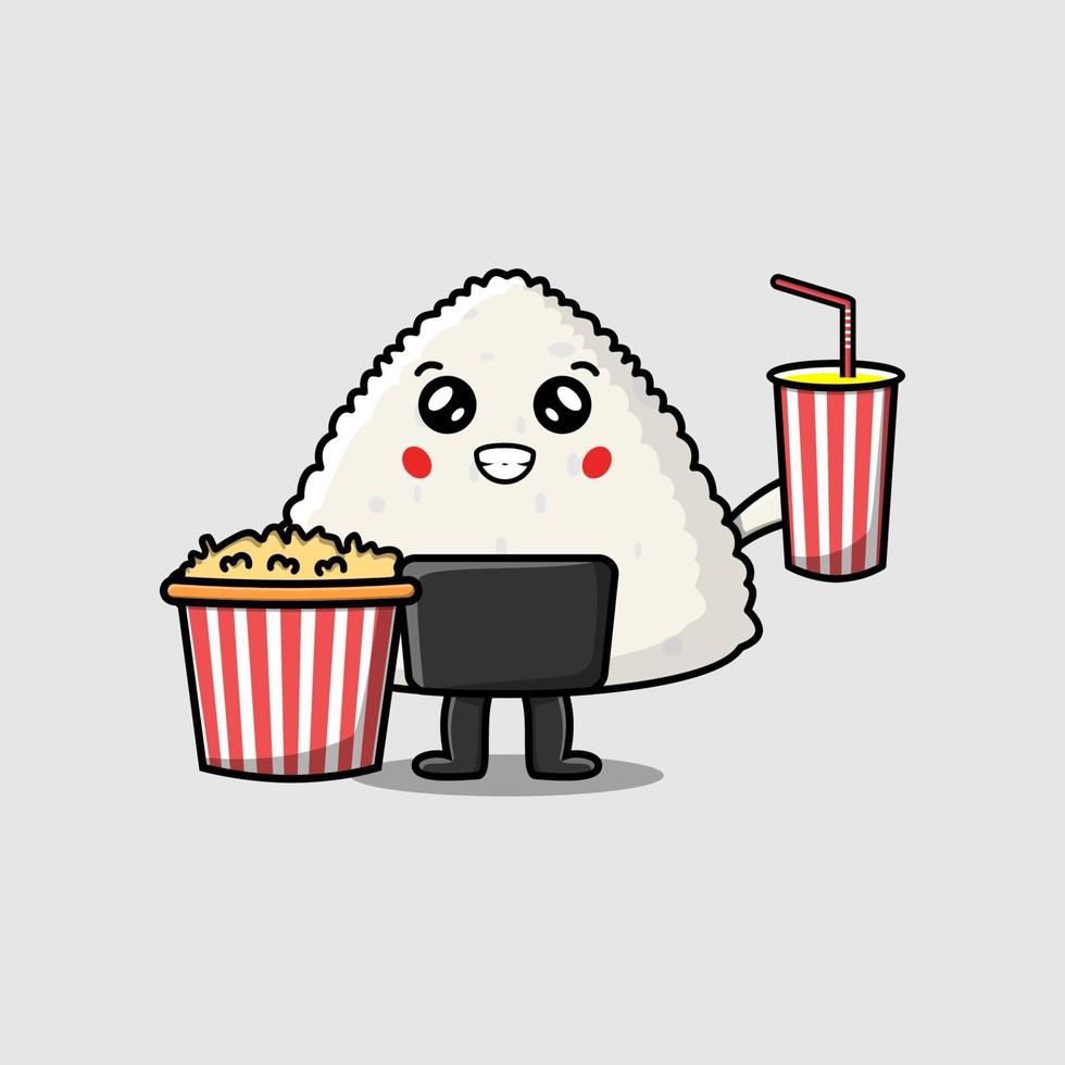 cartone animato riso giapponese Sushi con Popcorn e bevanda vettore
