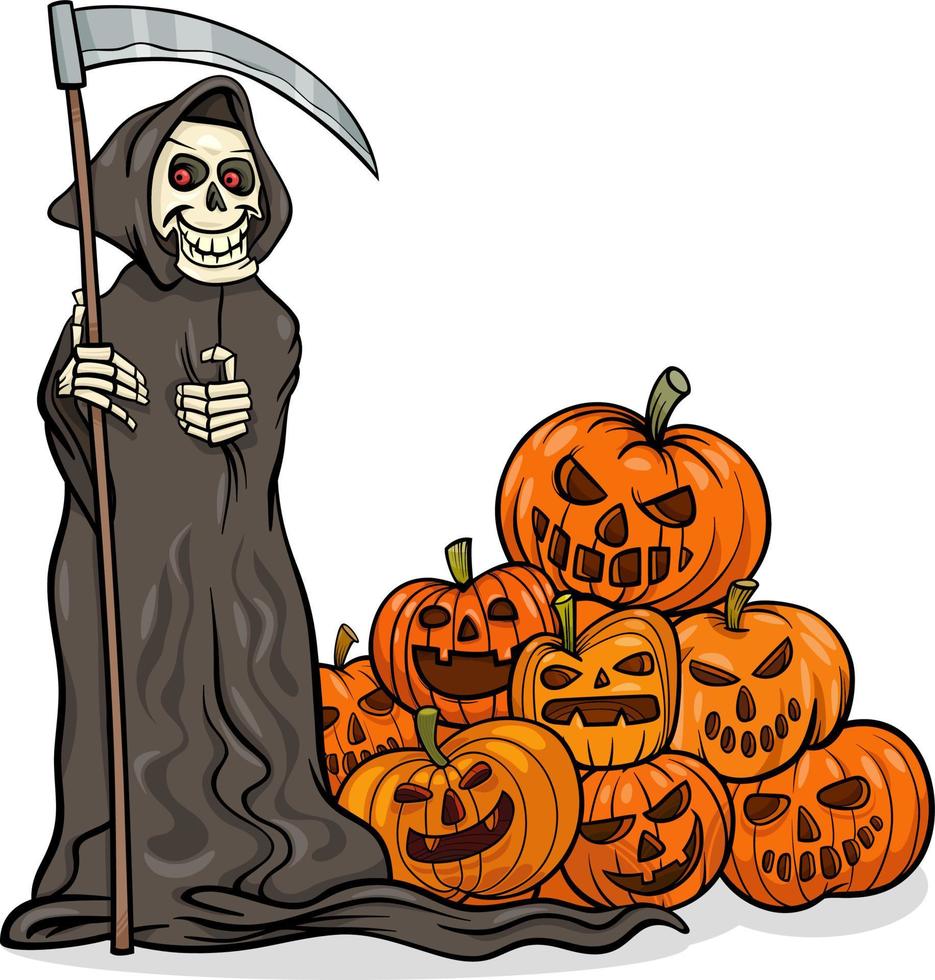 cartone animato truce mietitrice e mucchio di Halloween zucche vettore