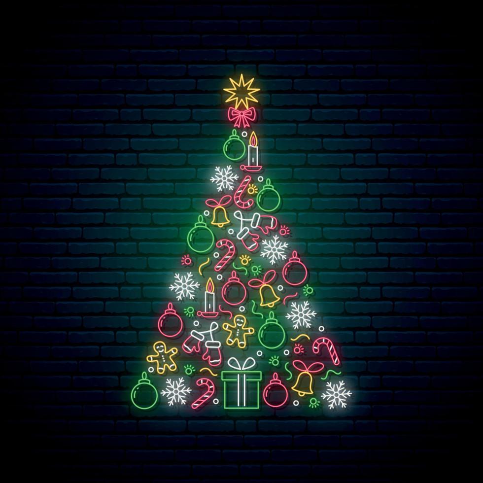 neon Natale albero fatto di palle, candele, i fiocchi di neve e i regali. vettore