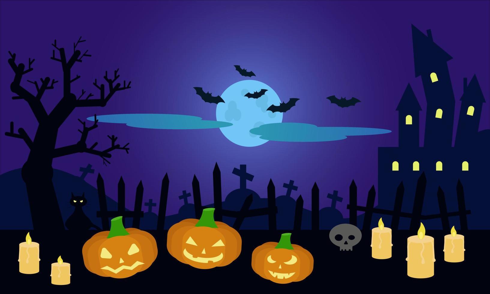 Halloween. un' notte nel il cimitero, zucche, un' pauroso castello, un vecchio albero. cartone animato vettore illustrazione.