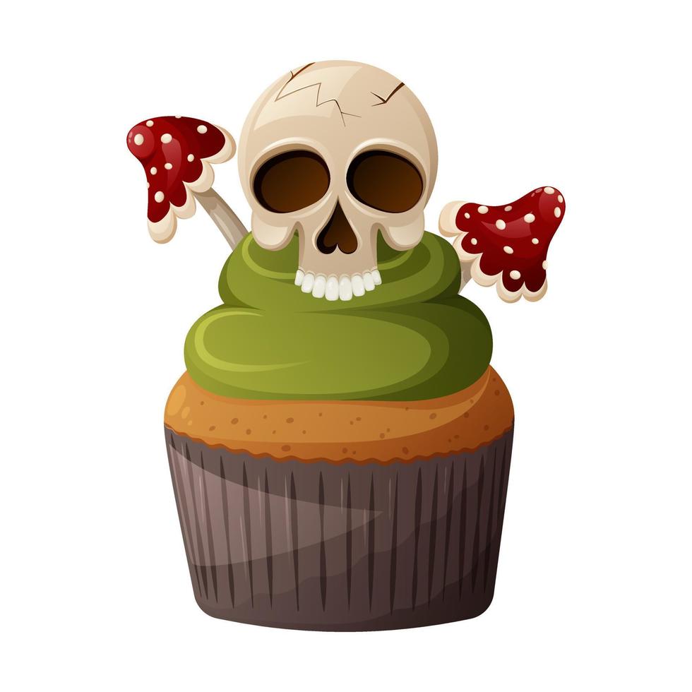 veleno Halloween Cupcake con volare agarico e cranio. cartone animato vettore illustrazione. dolci di strega