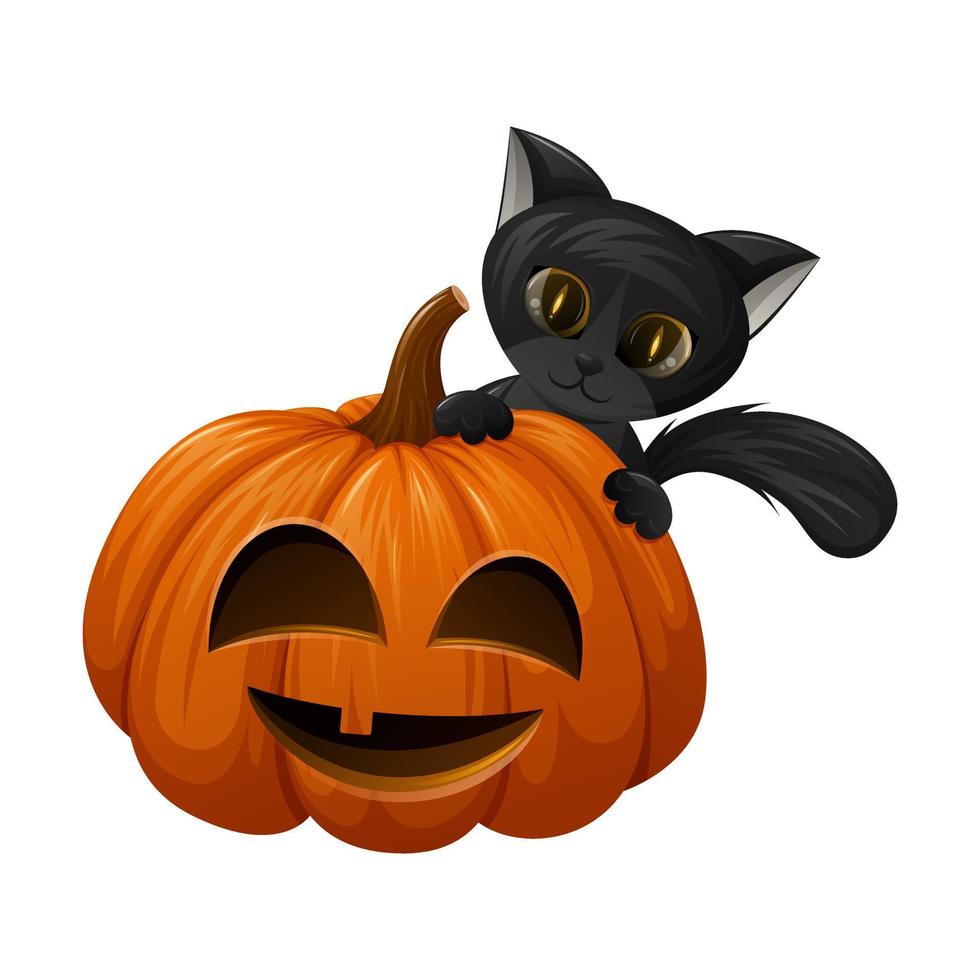 carino nero gatto dietro a un' Halloween zucca con un' divertente viso. cartone animato vettore illustrazione.