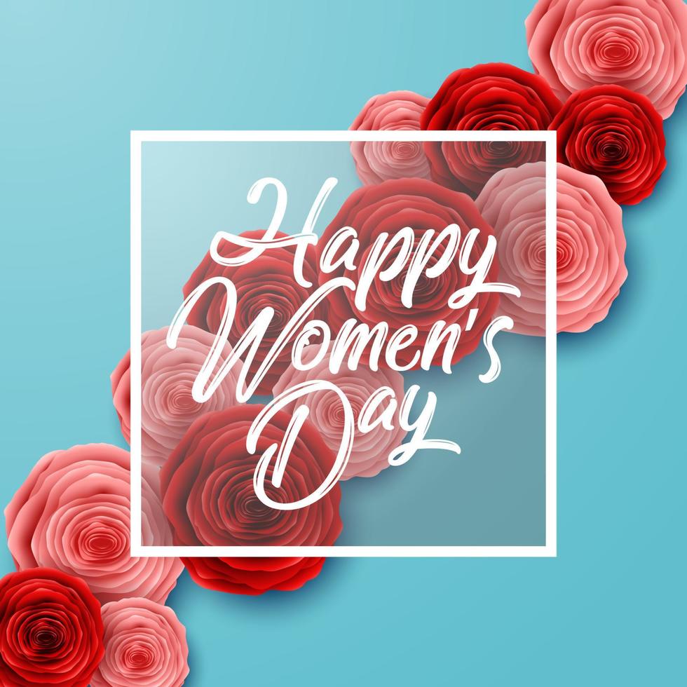 internazionale contento Da donna giorno saluto carta con Rose fiori e piazza telaio su blu sfondo vettore