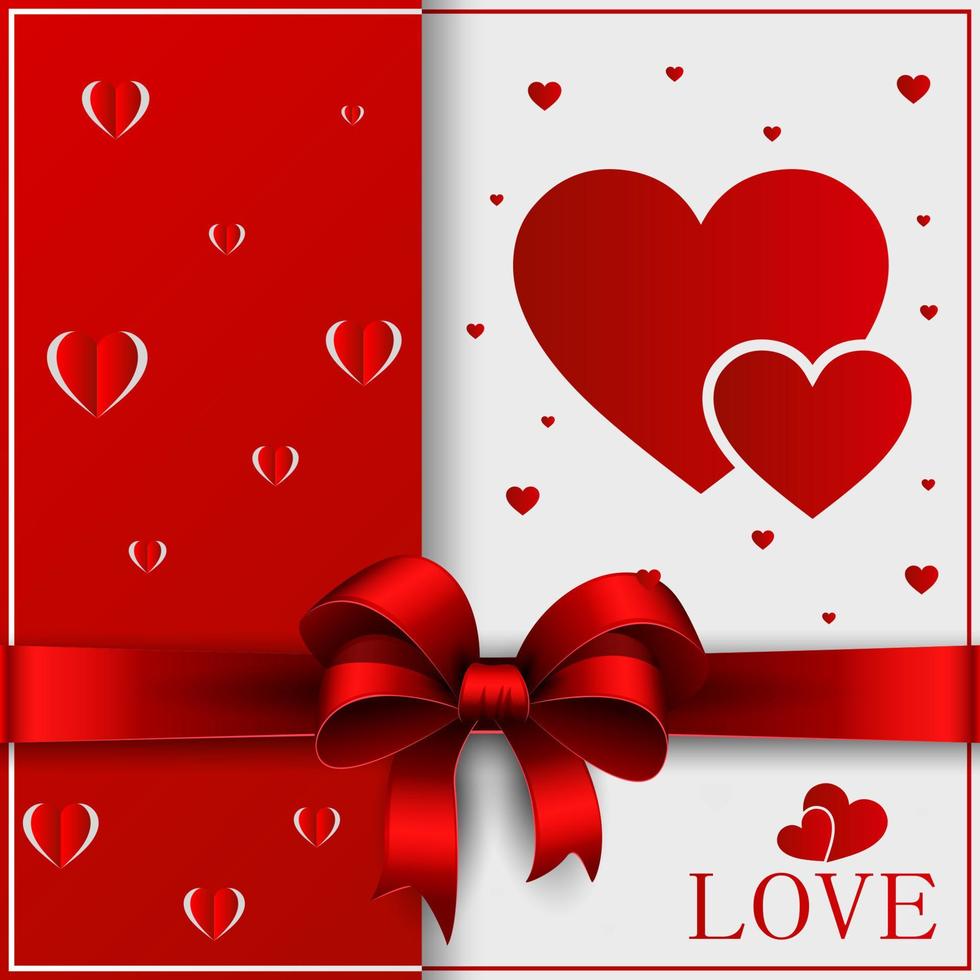 biglietto di auguri di San Valentino con cuore tagliato, nastro su sfondo decorato a due colori. vettore