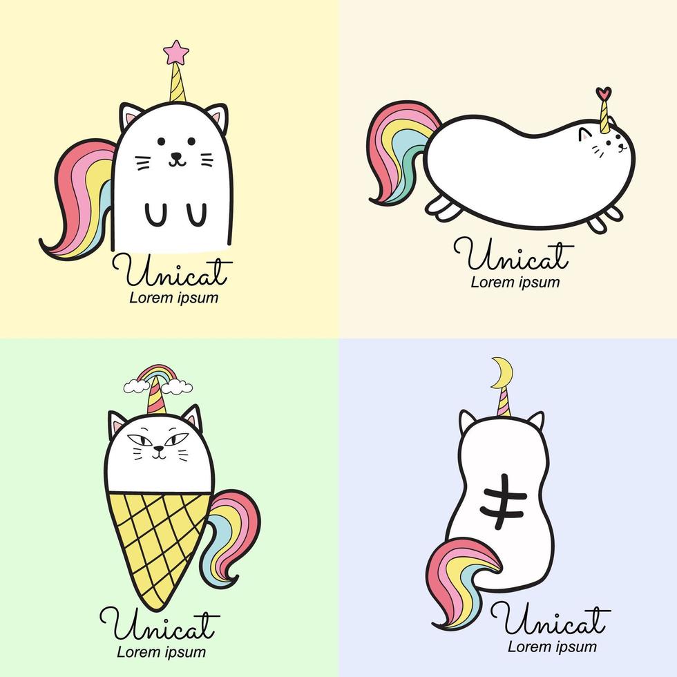 simpatico logo unicorno gatto con colori pastello vettore