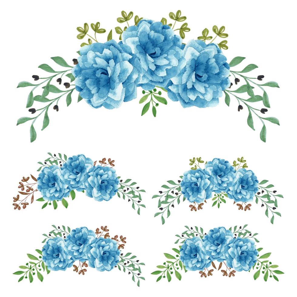 set di fiori dipinti a mano ad acquerello curvo rosa blu vettore