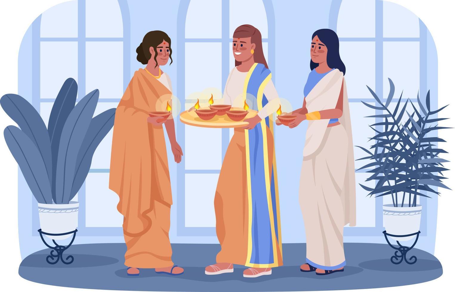 donne con ardente diyas su Diwali 2d vettore isolato illustrazione. indiano sacerdotesse piatto personaggi su cartone animato sfondo. vacanza colorato modificabile scena per mobile, sito web, presentazione