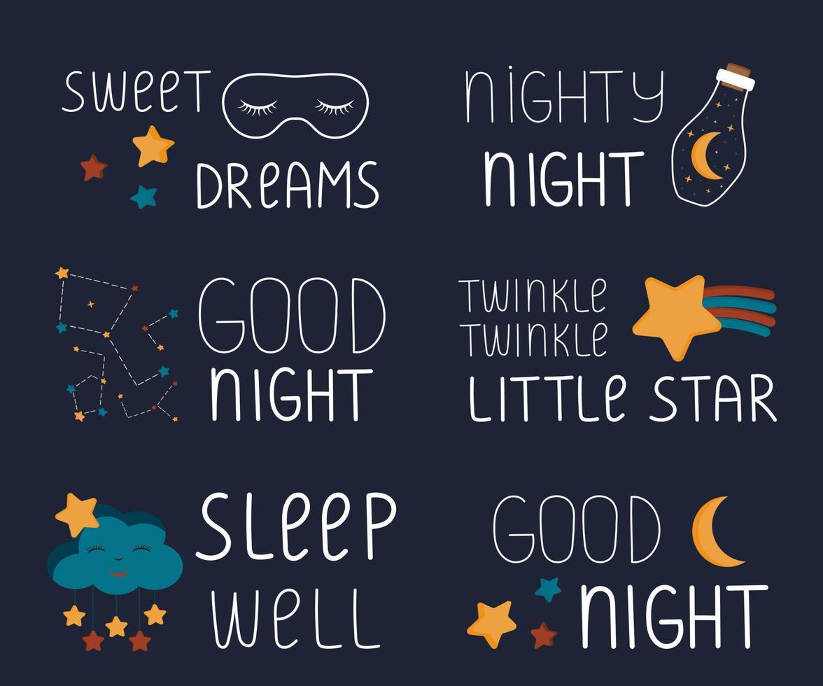 dolce sogni e bene notte slogan. mano disegnato tipografia con Luna, stelle, nuvole, addormentato relazionato attributi. lettering iscrizione per carte, moda tessuti, tessile, manifesti cuscino design. vettore