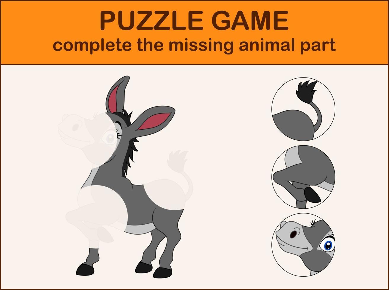 carino asino cartone animato. completare il puzzle e trova il mancante parti di il immagine vettore