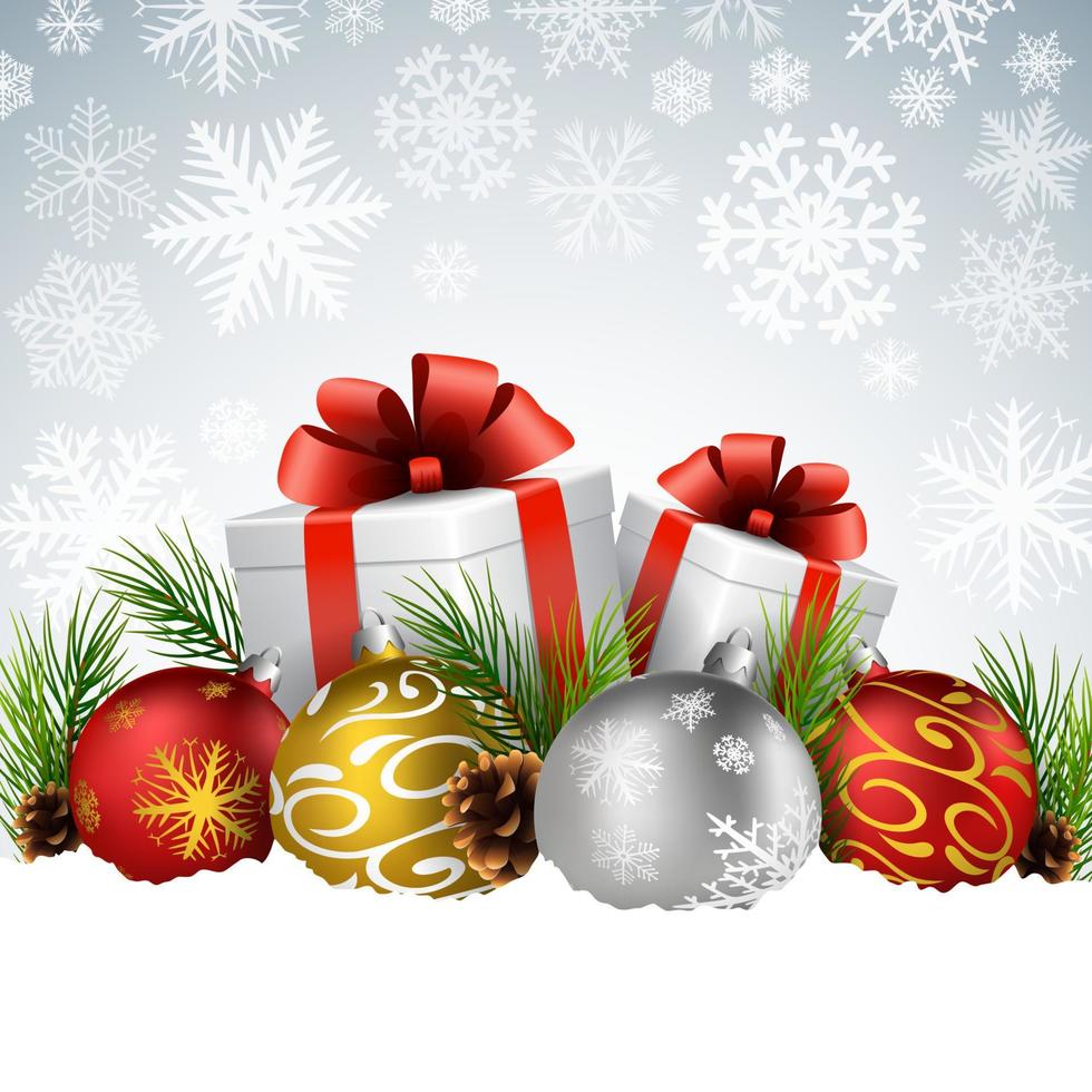 Natale palle con regalo, abete e pino cono su il neve vettore