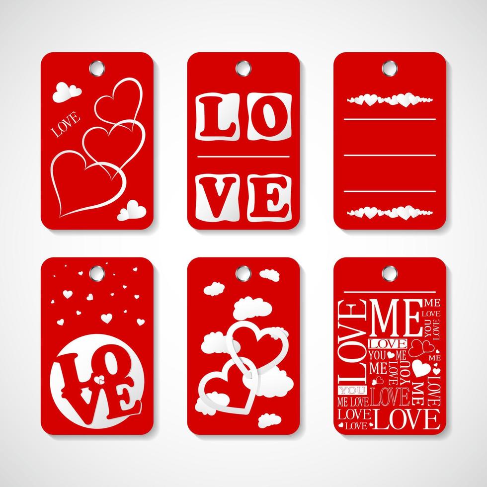 raccolta di tag regalo di San Valentino felice. set di etichette vacanze disegnate a mano in bianco e rosso. design distintivo romantico vettore