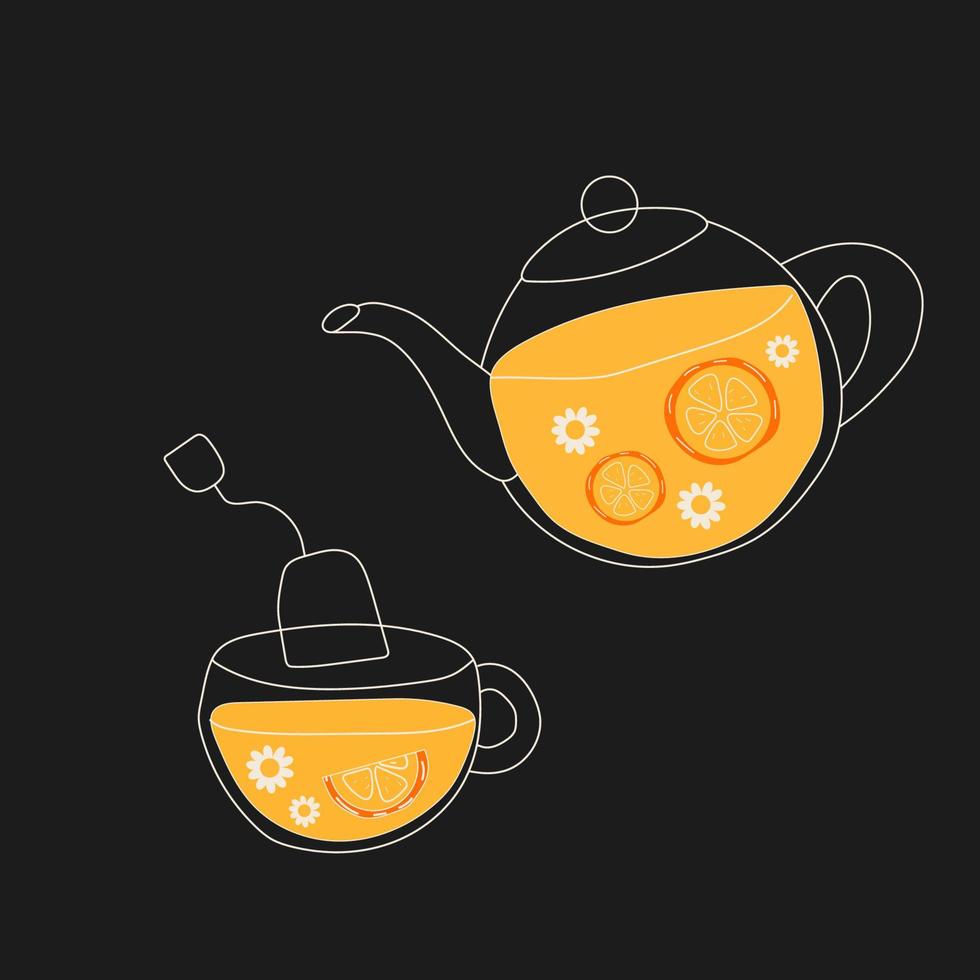 tè con Limone e camomilla foglie, Tè, tazza, bicchiere, piatto illustrazione, impostare. tutti elementi siamo isolato vettore