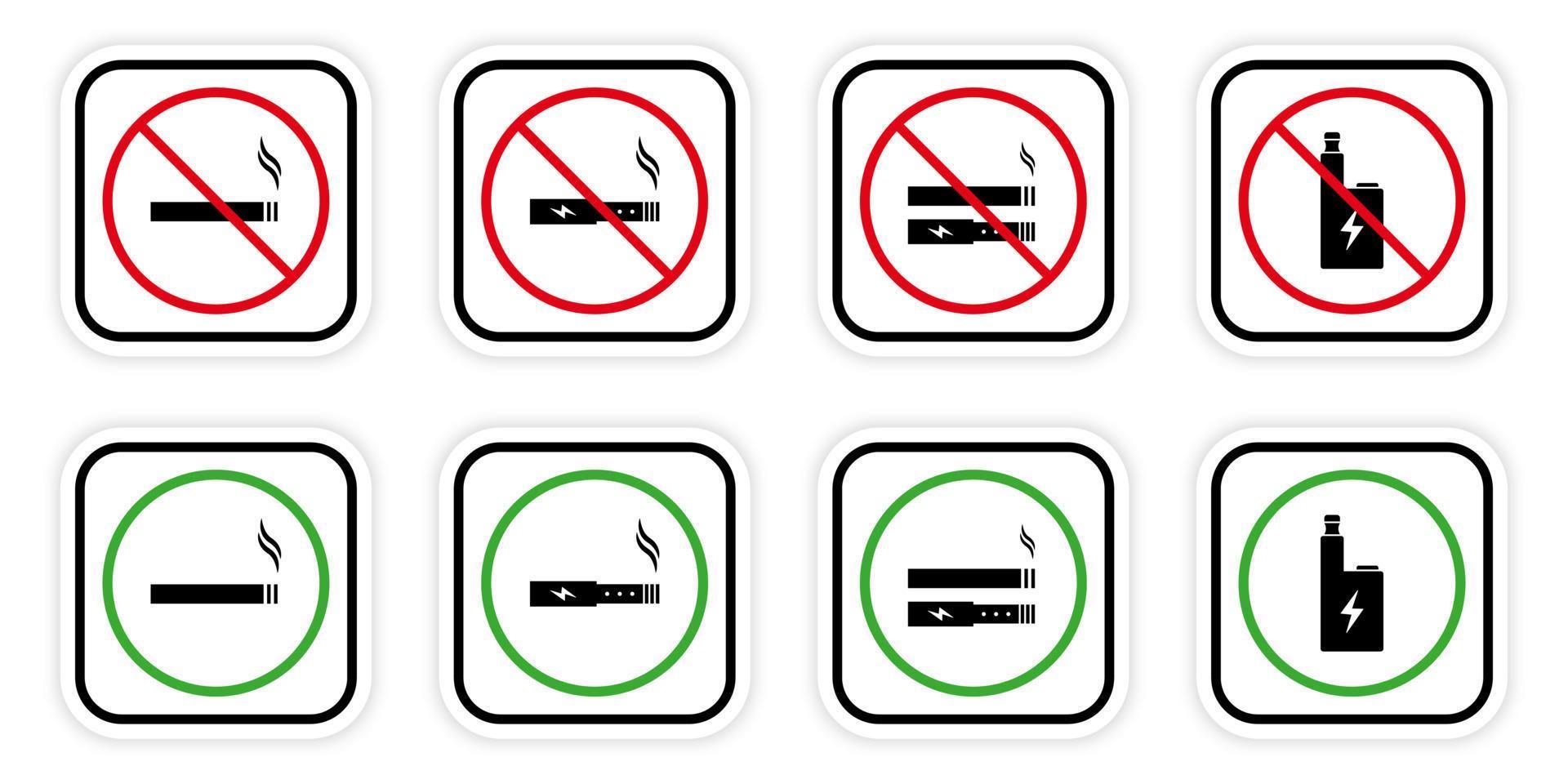 bandire zona Fumo droga elettronico sigaretta nicotina vaping impostato cartello. proibito Fumo la zona icona. Avviso no Vape Fumo la zona Proibito pittogramma. permettere fumo verde cartello. isolato vettore illustrazione.