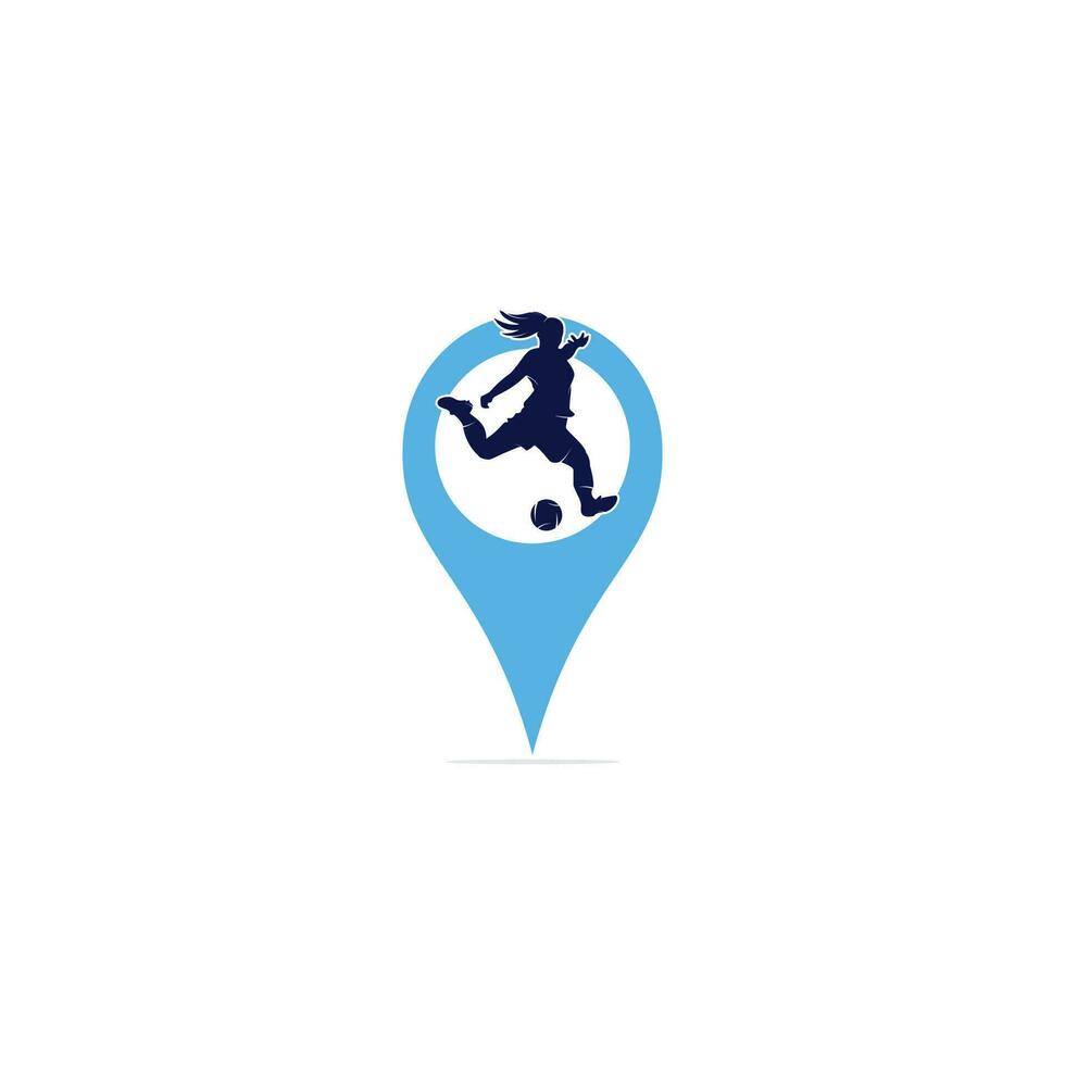 donne calcio club vettore logo design. donne calcio giocatore e GPS pointer icona vettore design.