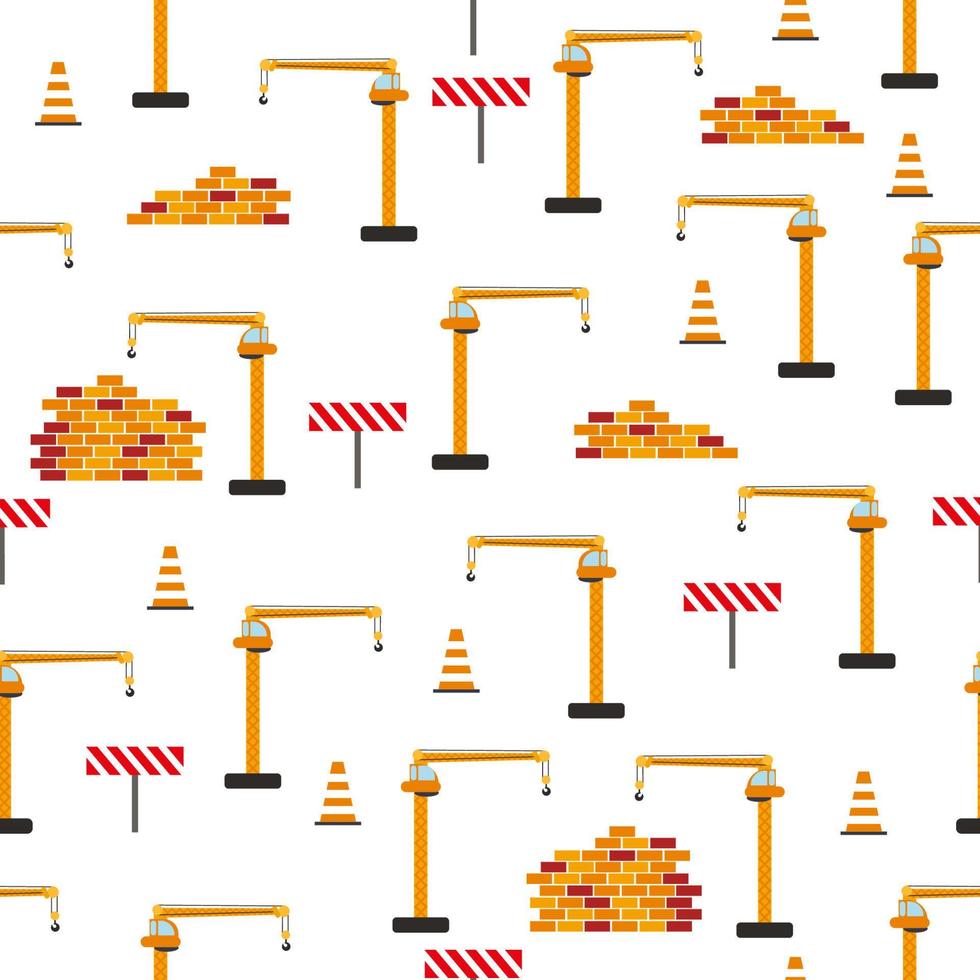 carino infantile senza soluzione di continuità modello con giallo auto cumulo di rifiuti camion, gru, calcestruzzo miscelatore. costruzione luogo illustrazione nel cartone animato stile vettore