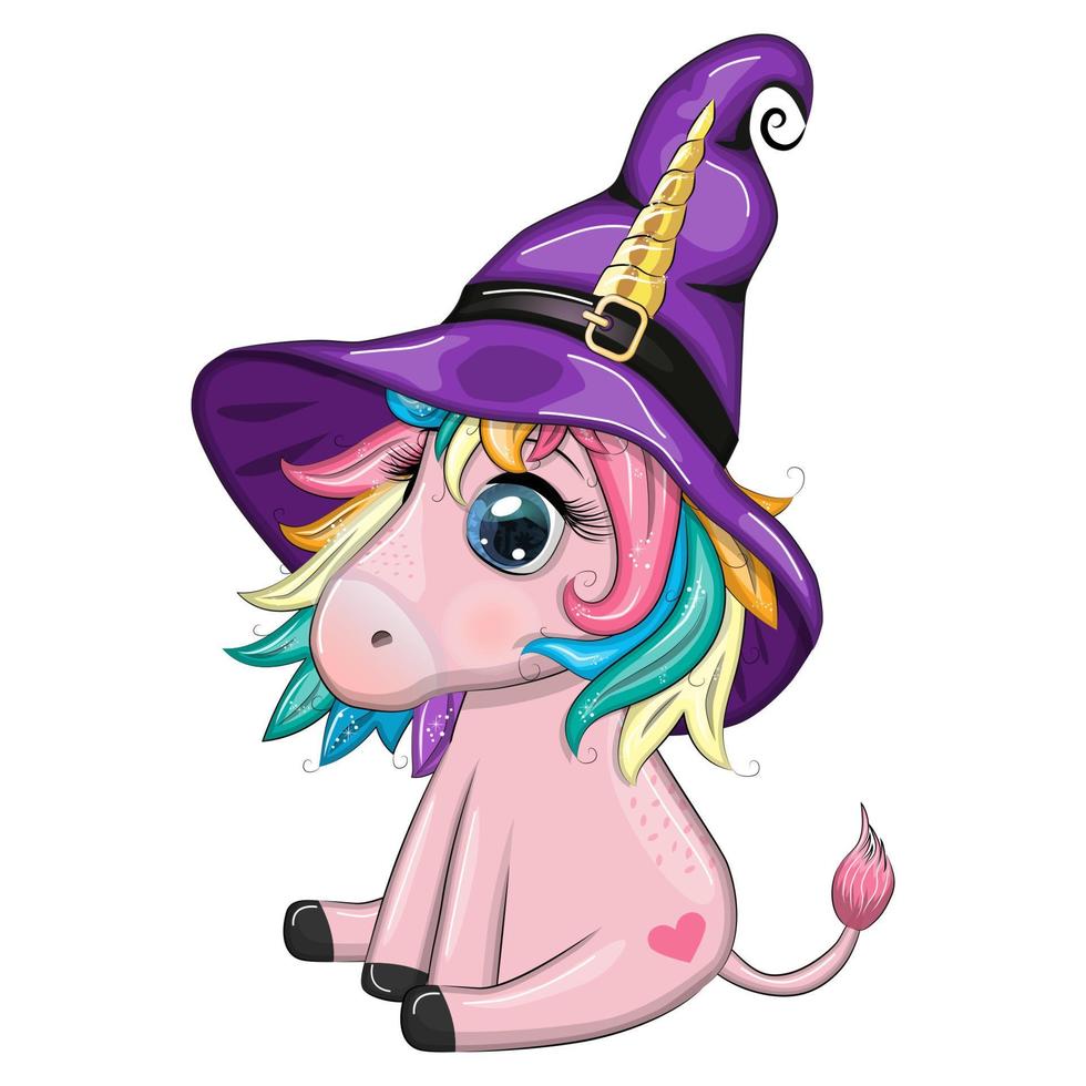 carino cartone animato unicorno nel viola strega cappello, con zucche, pozione o scopa, Halloween vacanza personaggio vettore