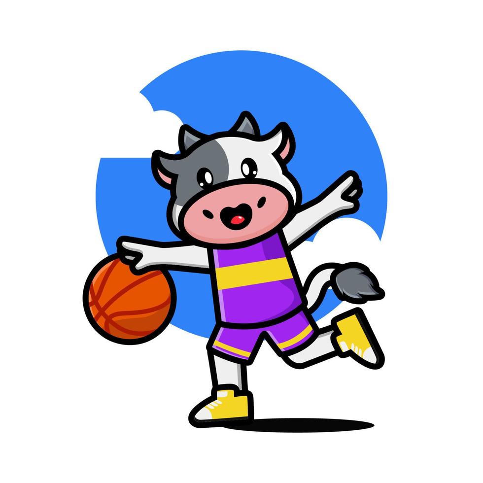 contento carino mucca giocando pallacanestro vettore