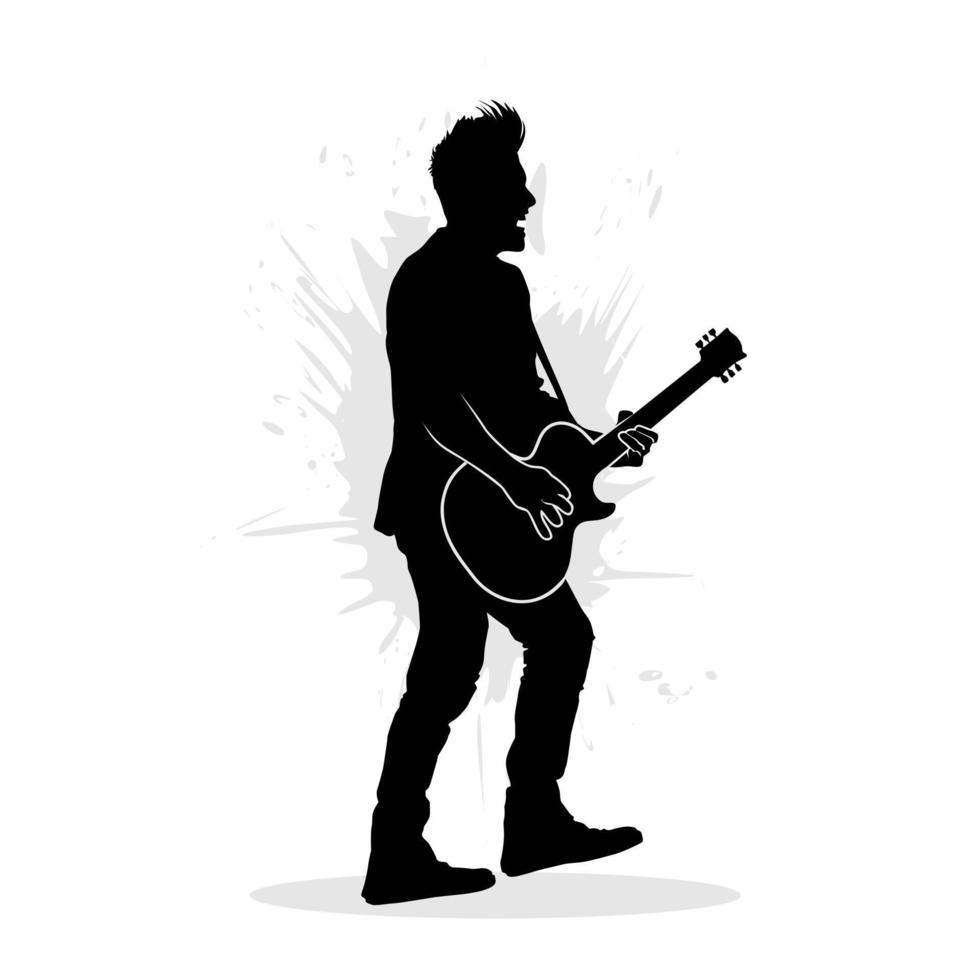 silhouette di uomo giocando chitarra su palcoscenico vettore
