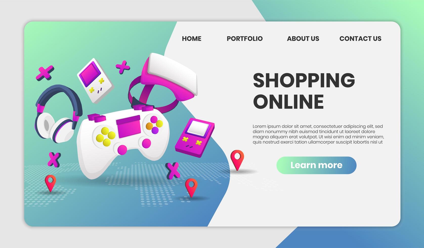 pagina di destinazione dello shopping online con elementi di videogioco vettore