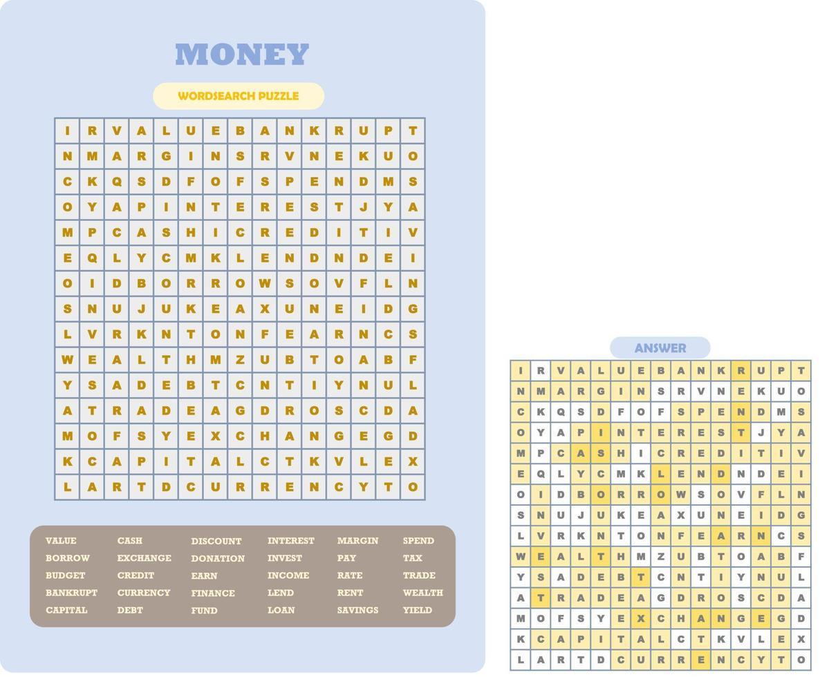 stampabile parola ricerca puzzle. divertimento vocabolario foglio di lavoro per apprendimento inglese parole. trova nascosto parole. festa carta. educativo gioco per ragazzo e adulto. i soldi tema. vettore