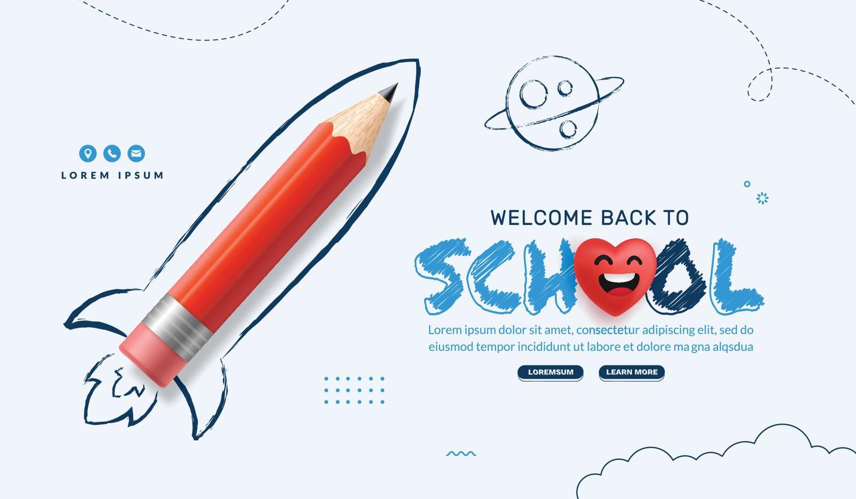 indietro per scuola sfondo con rosso matita razzo lancio per spazio. in linea apprendimento e ragnatela pagina modello, digitale formazione scolastica concetto vettore