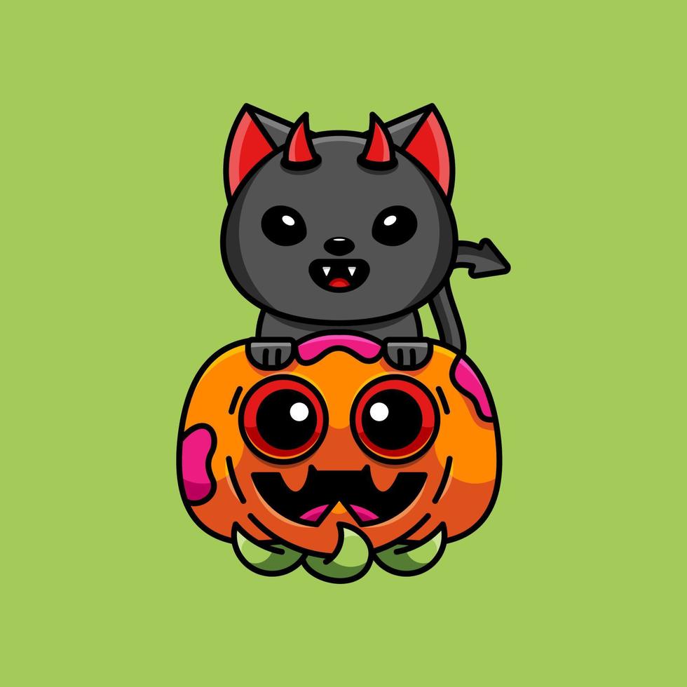 carino diavolo gatto e pompa celebra Halloween vettore